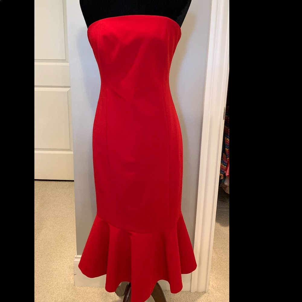 Red Fitted Strapless Dress with flare bottom